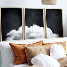 Black And White Cloud Wall Art Prints - Set Of 3 Painting Above Bed, Emerald Green Decor, Cloud Poster, Bed Wall Decor, Cloud Wall, Art Above Bed, Cloud Print, Bedroom Artwork, Yellow Wall Art