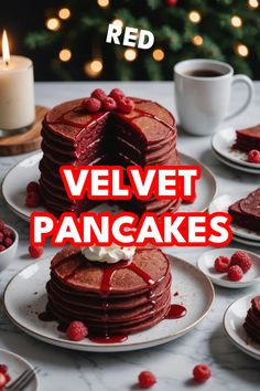 A photo of a  Red Velvet Pancakes a Christmas Pancake Recipes Pancakes Without Buttermilk, Red Velvet Pancakes, Christmas Recipe