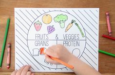 a child's hand holding a pencil over a coloring book with fruits and veggies on it