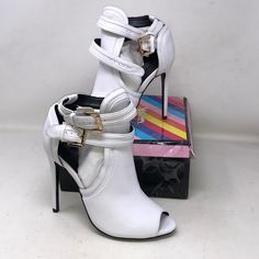 The Box Is A Little Bit Beat Up, But The Shoes Are In Perfect Condition. Brand New Size 8. White Open Toe Party Boots, Chic White Open Toe Boots, Trendy White Boots For Formal Occasions, White Ankle Boot Heels For Party, Fresh Shoes, Heel Ankle Boots, White Heels, Boot Brands, Crazy Shoes