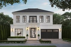 a white two story house with lots of windows and bushes in front of the house