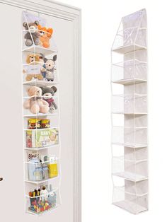 a white closet door next to a hanging shelf filled with stuffed animals and other items