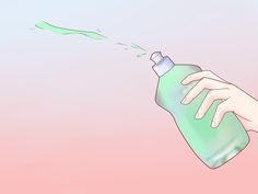 a hand reaching for a bottle with green liquid coming out of it on a pink and blue background