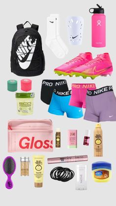 the contents of a women's nike pack including shoes, hair brush, and other items