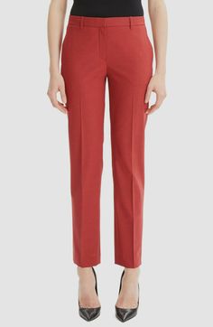 $740 Theory Women's Red High Rise Crop Slim Fit Leg Wool Trousers Pants Size 2 Description If between sizes, order one size up. Unique sizing; use size chart. High rise. DETAILS & CARE A slim cut and stretch wool come together in a pair of office-ready pants that keep you looking nice and neat. 30" inseam; 14" leg opening; 10" front rise; 14 1/2" back rise (size 8) Zip fly with hook-and-bar closure Front slant pockets; back welt pocket 96% virgin wool, 4% elastane Dry clean Imported About Us 12 Minute Workout, Tone Thighs, Red High, Trousers Pants, Wool Trousers, Trouser Style, Wool Pants, Burn Fat, Tailored Trousers