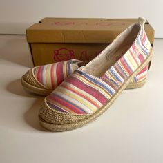 Ntw Great For Summer! Fabric Flats In Cute Striped Color Pattern - Goes With Everything! Pink Espadrilles With Woven Sole And Round Toe, Pink Slip-on Espadrilles With Woven Sole, Pink Round Toe Espadrilles With Woven Sole, Pink Closed Toe Casual Espadrilles, Casual Pink Espadrilles With Woven Sole, Casual Pink Flat Espadrilles, Multicolor Round Toe Espadrilles With Rubber Sole, Pink Casual Espadrilles For The Beach, Pink Casual Espadrilles For Spring