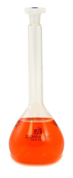 an orange flask filled with liquid on a white background