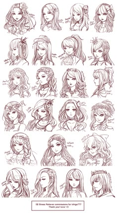 some drawings of girls with long hair and different facial expressions, all drawn by hand