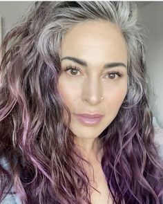 Colored Hair For Women Over 40, Natural Gray Hair With Purple, Makeup Colors For Gray Hair, Grey Hair With Purple Highlights, Purple Gray Hair, Purple Grey Hair, Gray Blending, Purple Hair Highlights, Color Block Hair