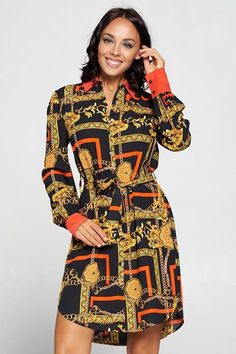 Classic statement print that adds edge to this simple shirt dress. Perfect for office to happy hour or dressed up for an event or evening out. Printed button-down dress with chain print in gold and red on black. 100% POLYESTER. Chic Printed Midi Length Shirt Dress, Printed Shirt Dress For Workwear, Elegant Black Dress With Graphic Print, Elegant Printed Button-up Dress, Elegant Long Sleeve Printed Shirt Dress, Chic Red Shirt Dress For Work, Trendy Black Shirt Dress For Party, Trendy Black Shirt Dress For Work, Elegant Printed Shirt Dress For Work