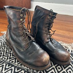 Lightly Used Rugged Look Combat Boots From Frye. Vintage Leather And Waxed For Water Resistance. Great Boots, Both Fashionable And Functional, Wear Them To Work Or Out On The Town. Handcrafted From Full Grain Leather, Amazing Details Include The Rawhide Leather Laces, Precision Stitching, And Rubbers Insets On Leather Sole. A Nice Little Boot With A Distinctly Vintage Attitude. Rustic Moto Boots With Leather Sole, Vintage Snip Toe Work Boots In Oiled Leather, Vintage Oiled Leather Work Boots With Snip Toe, Rugged Fitted Work Boots With Leather Sole, Fitted Rugged Work Boots With Leather Sole, Shrek Costume, Rugged Look, Leather Work, Frye Shoes