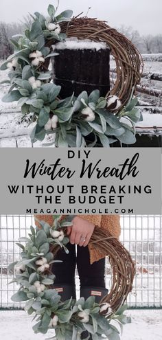 wintery wreath with a snowy background Diy Winter Wreath, Wreaths Winter, Budget Christmas, Winter Decorations Diy, Diy Winter, Face Washing, Door Wreaths Diy