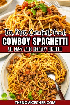 two plates of spaghetti with meat and vegetables on them, the text tex me comfort food cowboy spaghetti an easy and hearty dinner