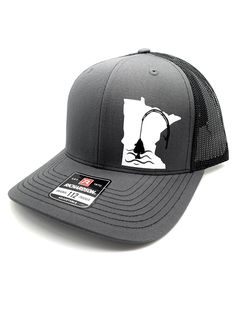 Flexfit 110 adjustable back in dark gray/black, light gray/white Or dark gray/ white. Or Richardson 112 snap back dark gray/black with Minnesota and waves decal in white and rod and fish in black. Choose from walleye or crappie Mid profile hat Made to order Adjustable Gray Hat For Fishing, Adjustable Gray Fishing Hat, Ice Fishing Walleye, Minnesota Summer, Summer Fishing, Crappie Fishing, Fishing Hat, Snap Back, Fish Design