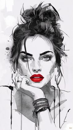 a black and white drawing of a woman with red lipstick on her face, wearing bracelets