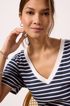 The striped Girlfriend tee by Z Supply will be your new favorite staple, featuring a relaxed v-neck silhouette in soft cotton fabric. You'll love it paired with denim, or tucked into a skirt for an elevated look. Cotton V-neck Top With Contrast Stripes, Cotton V-neck Tops With Contrast Stripes, White V-neck Top With Contrast Stripes, Striped Cotton V-neck T-shirt, Casual V-neck Top With Striped Collar, Everyday Tops With Striped Collar For Summer, Summer Everyday Tops With Striped Collar, Summer Tops With Striped Collar For Everyday, Summer Striped Collar V-neck Top