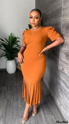 Olivia Mark - Elegante Vestido Bodycon Manga Burbuja con Escote Redondo Birthday Dress For Women, Long Fall Dresses, Birthday Dress Women, Chic Dress Classy, Dresses Fall, Stylish Work Attire, Classy Dress Outfits, Fall Clothes, Women's Evening Dresses