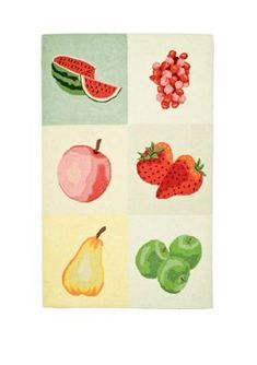 an illustration of fruits and vegetables on a white background, including apples, pears, watermelon