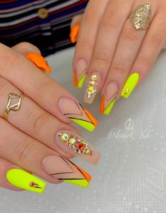 Acrylic Coffin Nails, Remove Acrylic Nails, Cute Acrylic Nail Designs, Acrylic Coffin, Coffin Nails Long, Neon Nails, Orange Nails, Luxury Nails, Coffin Nails Designs