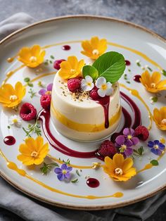 a white plate topped with a small cake covered in flowers and berries on top of it