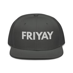 Get ready for the weekend vibes with our FRIYAY Mesh Back Snapback Hat! Crafted for style and comfort, this trendy headwear is perfect for embracing the Friday spirit. Snap it back and let the fun begin! Order yours now and step into the weekend in style! This is the snapback of your dreams! It's structured and high-profile, with a flat visor and a subtle grey under visor. • 85% acrylic, 15% wool • Structured, 6-panel, high-profile • Plastic snap closure • Grey under visor • Head circumference: Trendy Fitted Hat With Flat Brim, Trendy Everyday Snapback Hat With Flat Bill, Trendy Everyday Hat With Flat Bill, Trendy Flat Bill Hat For Everyday, The Weekend Vibes, The Friday, Weekend Party, Powerful Art, Let The Fun Begin