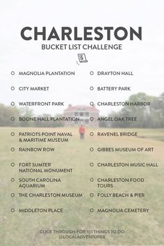 the charleston bucket list is displayed in front of a field with two people walking through it