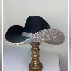 This Stunning Hat Sells For $200 Plus Tax A Shipping. Worn Once For My Birthday, Sz Small/Medium Has Elastic Inside. Very Comfortable. Black Straw Hat With Rhinestone Trim And Rhinestones Underneath. And Rhinestone Band. I Wore With Wig When I Was Going Through Chemo- So Now I’d Like To Get One That Is A Specific Size. Because This One Is A Little Snug. Comes Shipped In Box With Dust Bag. Rhinestone Cowgirl Hat, Cowboy Carter, Custom Cowboy Hats, Black Straw Hat, Country Clothes, Rhinestone Cowgirl, Cowgirl Aesthetic, Black Jewel, Diy Rhinestone