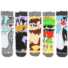 Looney Tunes crew socks guaranteed! Saturday morning cartoons were all the rave back in the day. We enjoyed characters like Bugs Bunny, Daffy Duck, Tazmanian Devil, Marvin the Martian, Sylvester the cat, and many many more! These crew socks can be mix and matched if you dare to be bold. 5 pairs made of stretchy 96% polyesters, 2% spandex and 2% other fiber. Casual Multicolor Cartoon Print Socks, Fun Multicolor Character Print Socks, Casual Multicolor Character Print Socks, Character Faces, New Looney Tunes, Tazmanian Devil, Sylvester The Cat, Looney Tunes Characters, Marvin The Martian