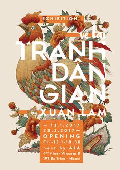 an orange and white poster for the exhibition tranh dan gian xiuann