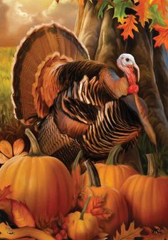 a painting of a turkey surrounded by pumpkins