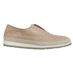 Perforated nubuck upper with lace up holes. The tongue has elastic on either side for a secure fit. Super suede insole is heavily padded for the utmost comfort. Sits on a natural rope midsole with coordinating nabuk insert and a layered white and gray rubber bottom on a 1" heel. Size: 8.  Color: Beige.  Gender: female.  Age Group: adult. Suede Lace-up Shoes With Rubber Sole And Round Toe, Beige Suede Sneakers With Perforated Toe Box, Beige Suede Sneakers With Flat Heel, Beige Suede Sneakers With Perforations, Casual Lace-up Oxfords With Removable Insole, Synthetic Wingtip Leather Shoes With Rubber Sole, Beige Leather Slip-ons With Perforated Toe Box, Beige Lace-up Shoes With Textured Sole, Suede Slip-on Sneakers With Leather Sole And Round Toe