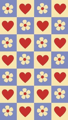 hearts and flowers are arranged on a checkerboard pattern with red, white, and blue squares