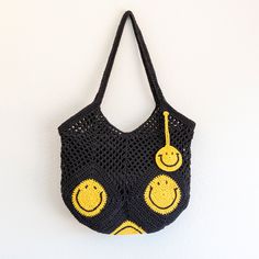 Elena Handbags Cotton Crochet Handmade Shoulder Bag with Smiley Face D Trendy Handmade Cotton Crochet Bag