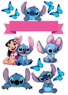 various cartoon characters with blue butterflies and pink ribbon on the top, one is holding a baby