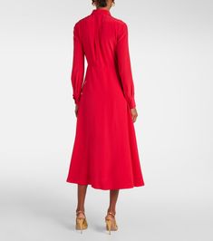 Crêpe de chine midi dress in multicoloured - Valentino | Mytheresa Formal A-line Viscose Midi Dress, Elegant V-neck Crepe Midi Dress, Fitted Viscose A-line Midi Dress, Elegant Long Sleeve Rayon Dress, Silk A-line Midi Dress For Cocktail, Elegant A-line Maxi Dress In Rayon, Formal Long Sleeve Rayon Dress, Silk Crepe Midi Dress For Evening, Spring Crepe Midi Dress For Work