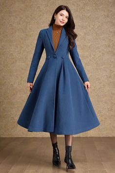 I absolutely love this swing Princess coat! It's thick and warm, it dresses up any out fit and looks amazing with heels or just flat boots. The coat looks just like the pictures, it's kind of heavy and works perfectly for the winter! The coat moves along with you! It's so beautiful!   ★★FEATURES 50% wool, 50% fiber nylon polyester Fully liner with polyester Notched collar Long sleeve Seam pocket Button Closure on the waistband Fit and Flare, swing coat For Winter, Autumn,,Date, Party Dry clean ★★ The model's height approx 170 cm (5′ 7″) with the 84 cm (33") bust, 66 cm (26") waist. She is wearing the wool coat in size XS (US2) ★★Bespoke Order Service Request other color Request the Length Request the sleeve length Your height is not between 155cm- 175cm Your weight is not between 47kg -77k Fit And Flare Coat, Victorian Coat, Coat For Winter, Winter Coat Women, Making Patterns, Beautiful Features, Princess Coat, Dress Making Patterns, Blue Coat