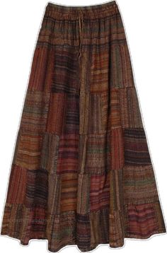 Bohemian Cotton Maxi Skirt For Fall, Bohemian Brown Skirt For Fall, Patchwork Long Skirt For Fall, Fall Long Skirt With Patchwork, Fall Bohemian Brown Skirt, Cotton Patchwork Skirt For Fall, Casual Brown Patchwork Skirt, Bohemian Tiered Skirt With Patchwork, Bohemian Tiered Skirt Bottoms With Patchwork