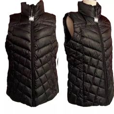 Big Chill Sleeveless Puffer Vest Full Zip Closure, With A Stand Up Collar, And Zip Closure Side Pockets. 100% Polyester Shell And Lining. Filling Is 85% Polyester, 8% Down And 7% Feather Size Medium New, With Tags Shown On A Size 4 Dress Form About 20" Across Bust, Measured At Under Arms [40" Total] 22" Across Bottom 25" Long, From Shoulder Down Excellent New Condition. Original Tags Attached. Cold Weather Sleeveless Nylon Vest, Sleeveless Nylon Vest For Cold Weather, Black Cold Weather Vest Outerwear, Black Vest Outerwear For Cold Weather, Fitted Black Vest For Cold Weather, Black Fitted Vest For Cold Weather, Green Patagonia Jacket, Sleeveless Puffer, Faux Leather Vest