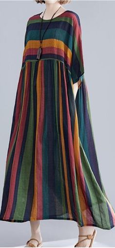 loose Striped Long Linen Batwing Women Spring Dresses Plus Size Oversized Cotton Casual Maxi Dress, Loose Cotton Summer Dress, Casual Loose Summer Maxi Dress, Casual Loose Maxi Dress For Summer, Summer Loose Cotton Dress, Casual Multicolor Loose Dress, Summer Cotton Multicolor Maxi Dress, Oversized Cotton Maxi Dress For Summer, Cotton Maxi Dress With Relaxed Fit