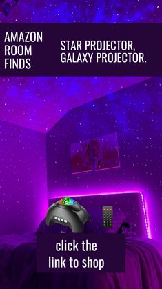 an image of a bedroom with purple lighting and stars on the ceiling, as well as text