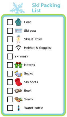 the ski packing list is shown in blue and green