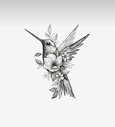 a black and white drawing of a hummingbird with flowers