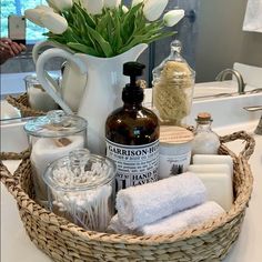 a basket filled with lots of bathroom items