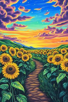 a painting of sunflowers and a path leading to the sky with clouds in the background