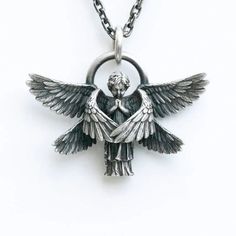 Retro Trendy Stainless Steel 3d Praying Angel Unisex Pendant Necklace - Stainless Steel - Pendant Width: Approximately 48 Millimeters - Pendant Height: Approximately 27.5 Millimeters - Necklace Length: Approximately 66 Centimeters Ali D'angelo, Angel Pendant Necklace, Necklace Combo, Mens Sterling Silver Necklace, Necklace Packaging, Angel Jewelry, Angel Necklace, Angel Pendant, Wing Necklace