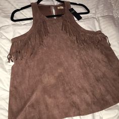 No Longer Has Tag Attached, Never Worn. Brown Tank Top For Night Out In Spring, Spring Night Out Brown Tank Top, Fringe Top, Suede Fringe, Pink Suede, Hollister Tops, Dusty Pink, Hollister, Womens Tops