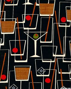 an image of a pattern with glasses and fruit in them on a dark blue background