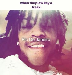 a man with dreadlocks is smiling and has the words rio de janero on it