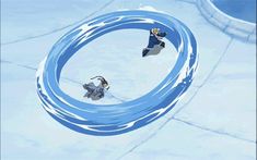 the video game has two people on snowboards in front of an icy pool with water swirling around it