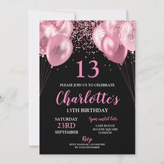 a pink and black 13th birthday party card with balloons, confetti and streamers